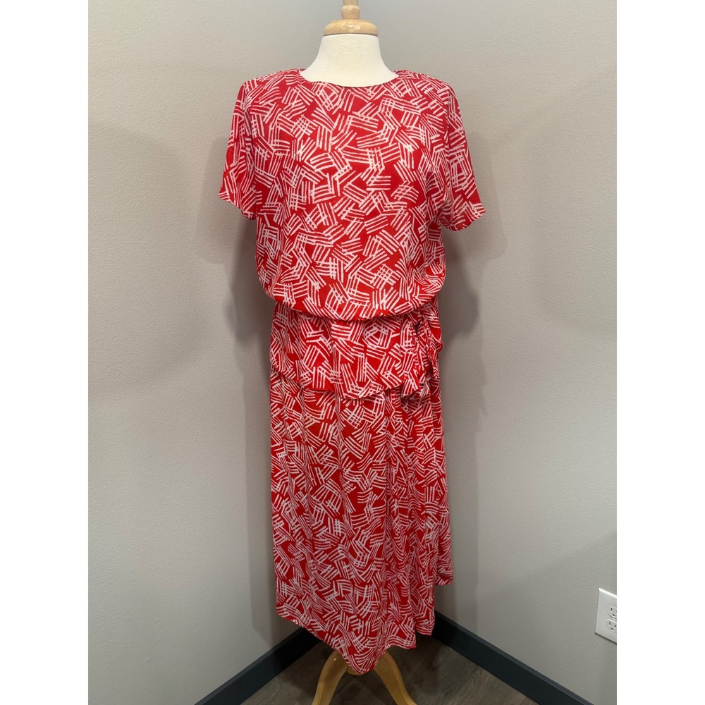 Vintage j.b. Xpress Red White Abstract Geometric Blouson Midi Dress Plus 18.5